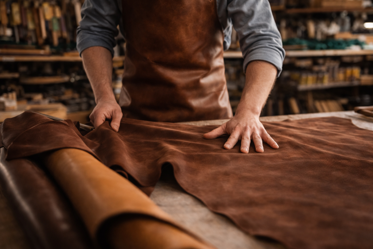 χειροποίητη κατεργασία φυσικού δέρματος σε εργαστήριο δερμάτινων προϊόντων